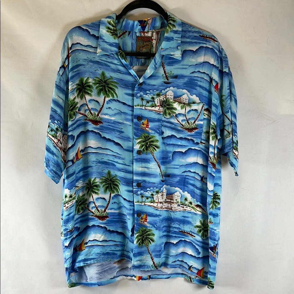 Pineapple Connection Vintage Hawaiian Shirt Blue Tropical Island & Palm Tree